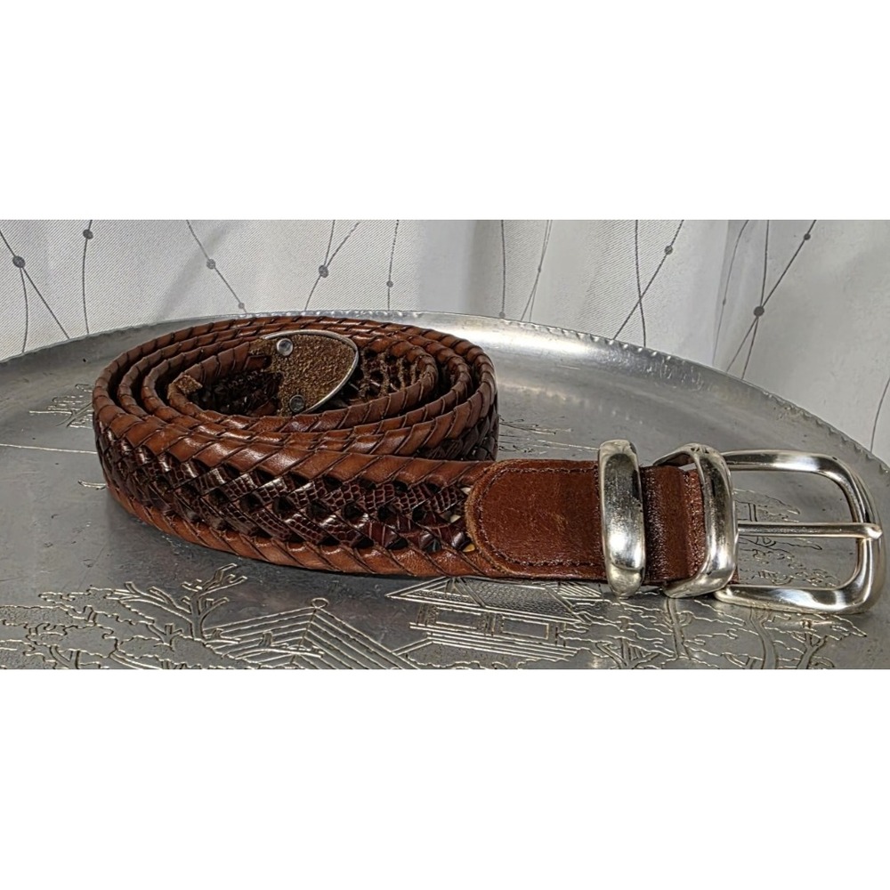 Fossil Genuine Leather Mens Braided Belt 40 Brown Two Tone‎ Solid Brass Buckle